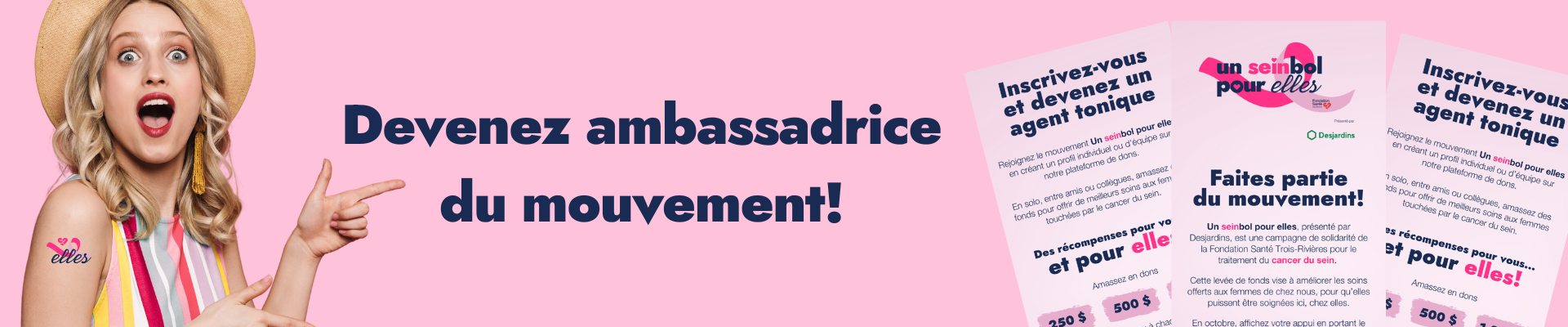 Femme enjouée qui pointe vers le titre "Devenez ambassadrice du mouvement"